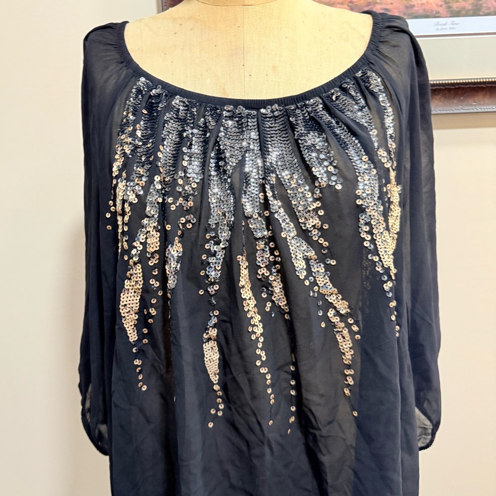 Lane Bryant Black Sheer Sequin Embellished Blouse - Picture 2 of 8